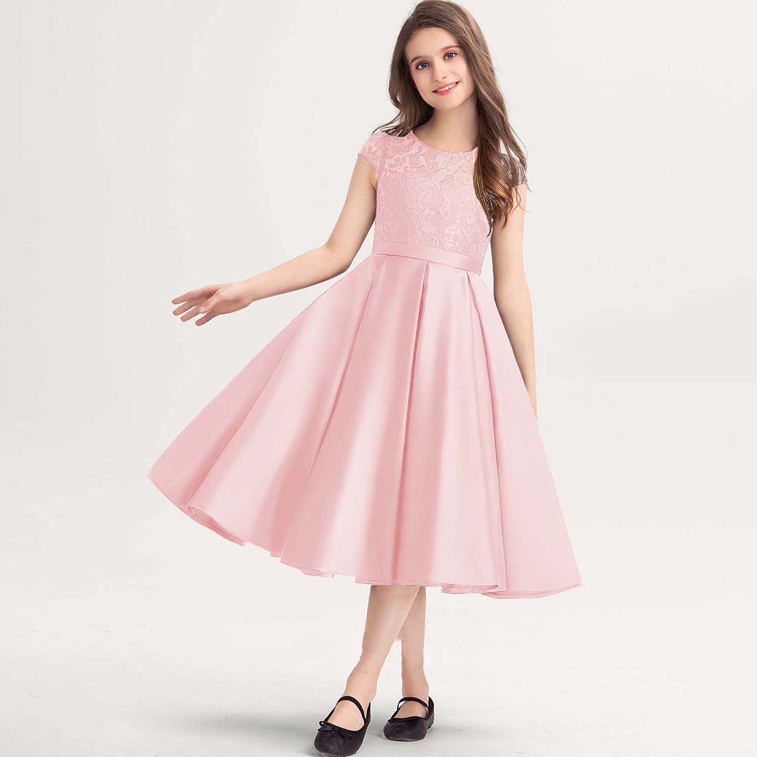 Girls' Formal Dress Dignified A-line Scoop Lace Satin Wedding Girl Guest Dress Hot Sale Junior Bridesmaid Dress