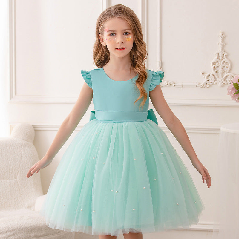 AERBA DRESS Wedding Flower Girl Dress Elegant Short Toddler Birthday Tulle Sleeveless Bow Pearls Princess Wedding Party Gown for Kids Baby
