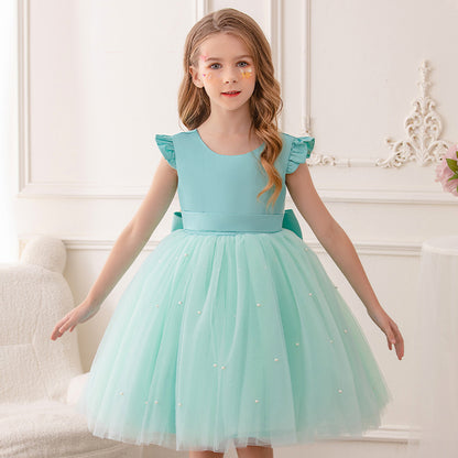 AERBA DRESS Wedding Flower Girl Dress Elegant Short Toddler Birthday Tulle Sleeveless Bow Pearls Princess Wedding Party Gown for Kids Baby