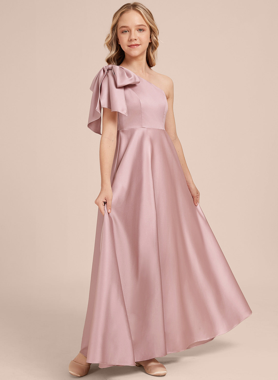 Girls' Formal Dress Exquisite A Line One-shoulder Bow Long Dress Wedding Guest Dress Hot Sale Junior Bridesmaid Dress