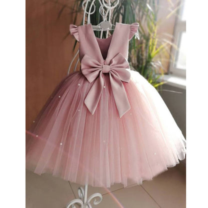 AERBA DRESS Wedding Flower Girl Dress Elegant Short Toddler Birthday Tulle Sleeveless Bow Pearls Princess Wedding Party Gown for Kids Baby