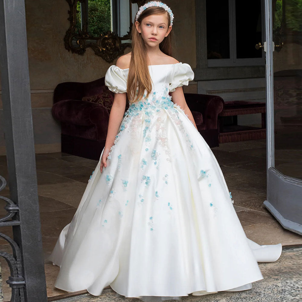 AERBA DRESS Wedding Flower Girl Dress Luxury Girl Dress 3D Flowers Satin Kids Wedding Birthday Communion Party Elegant Princess Dress