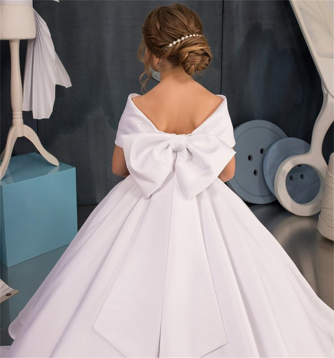 AERBA DRESS Wedding Flower Girl Dress Elegant Satin Off The Shoulder First Communion Dress Bow Knot Party Ball Gowns for Girls