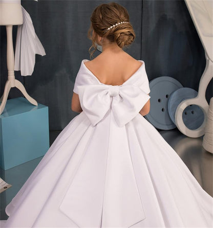 AERBA DRESS Wedding Flower Girl Dress Elegant Satin Off The Shoulder First Communion Dress Bow Knot Party Ball Gowns for Girls