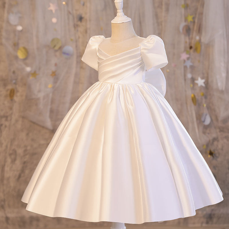 Wedding Flower Girl Dress Girl's Birthday Satin Short Sleeve Pleated Catwalk Costume for Piano Performance Puffy Princess Dress
