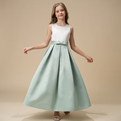 Girls' Formal Dress Elegant A Line Round Neck Sleeveless Bow Pleated Charming Hot Sale Junior Bridesmaid Dress