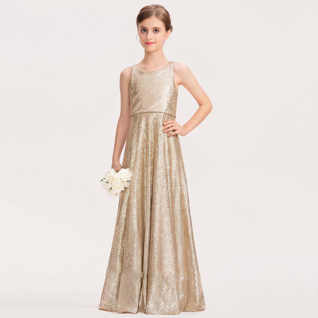 Fashion Girls' Formal Dress Sequined A-Line Scoop Sleeveless Floor-Length Sparkle Hot Sale Junior Bridesmaid Dress