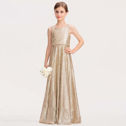 Fashion Girls' Formal Dress Sequined A-Line Scoop Sleeveless Floor-Length Sparkle Hot Sale Junior Bridesmaid Dress