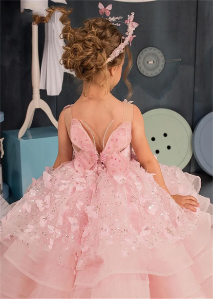 Wedding Flower Girl Dress Puffy Sleeveless Applique Tiers Pretty First Communion Child Butterfly Princess Dress