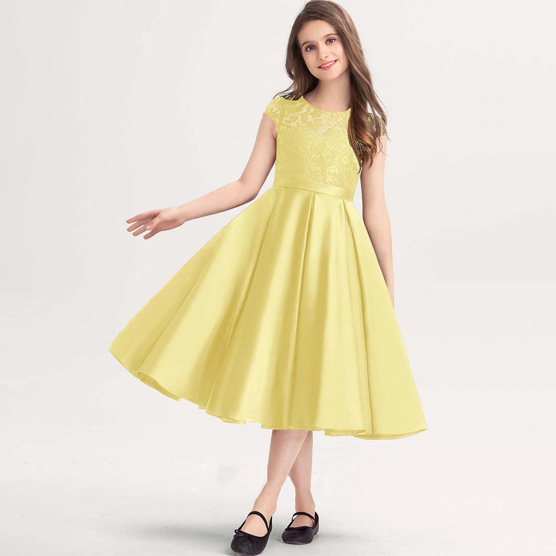 Girls' Formal Dress Dignified A-line Scoop Lace Satin Wedding Girl Guest Dress Hot Sale Junior Bridesmaid Dress