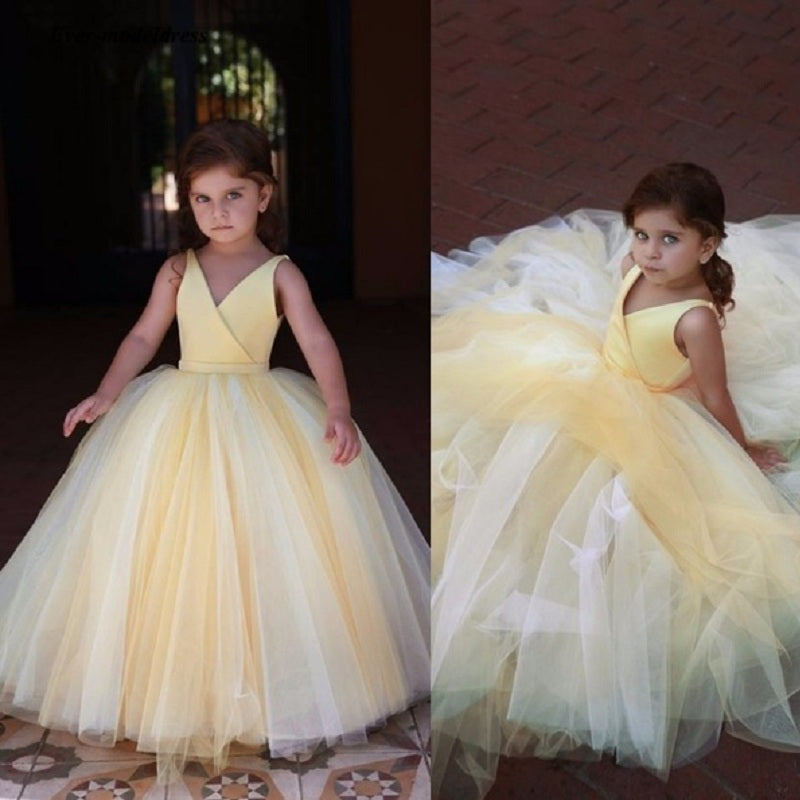 Wedding Flower Girl Dress V Neck Pleats Ball Gown Floor Length Modest Dresses Pageant Party Gift Birthday Princess Dress