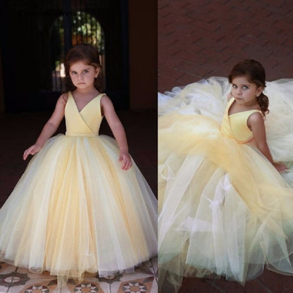 Wedding Flower Girl Dress V Neck Pleats Ball Gown Floor Length Modest Dresses Pageant Party Gift Birthday Princess Dress