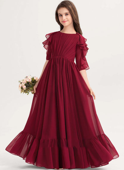 Girls' Formal Dress Elegant A Line Round Neck Short Sleeve Ruffles Floor-Length Hot Sale Junior Bridesmaid Dress