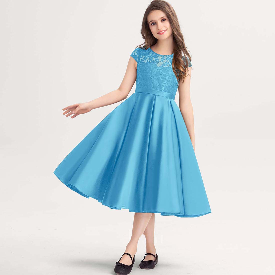 Girls' Formal Dress Dignified A-line Scoop Lace Satin Wedding Girl Guest Dress Hot Sale Junior Bridesmaid Dress