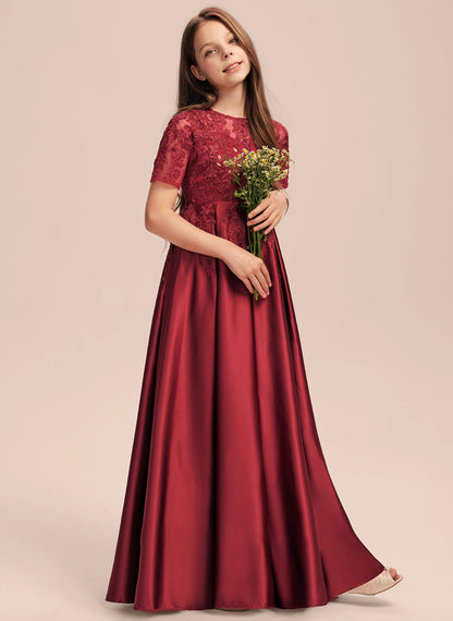 Elegant A-Line Scoop Short sleeve Floor-Length Lace Applique Pleated Fashion Junior Bridesmaid Dress