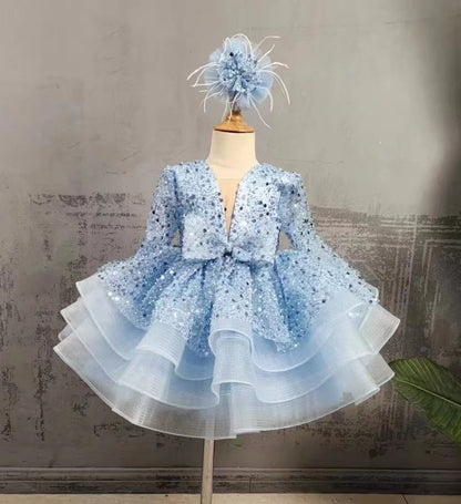 AERBA DRESS Wedding Flower Girl Dress Princess Bow Sequins Full Sleeve Knee Length Baby Kids Birthday Party Communion Dress