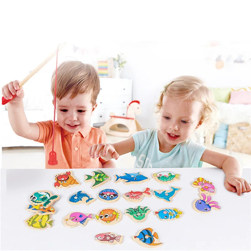 AERBA HOT SALE Wooden Fishing Toys for Children Magnetic Marine Life Cognition Fish Game Parent-Child Interactive Educational Toy (Random style)