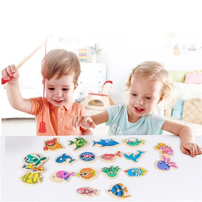 AERBA HOT SALE Wooden Fishing Toys for Children Magnetic Marine Life Cognition Fish Game Parent-Child Interactive Educational Toy (Random style)