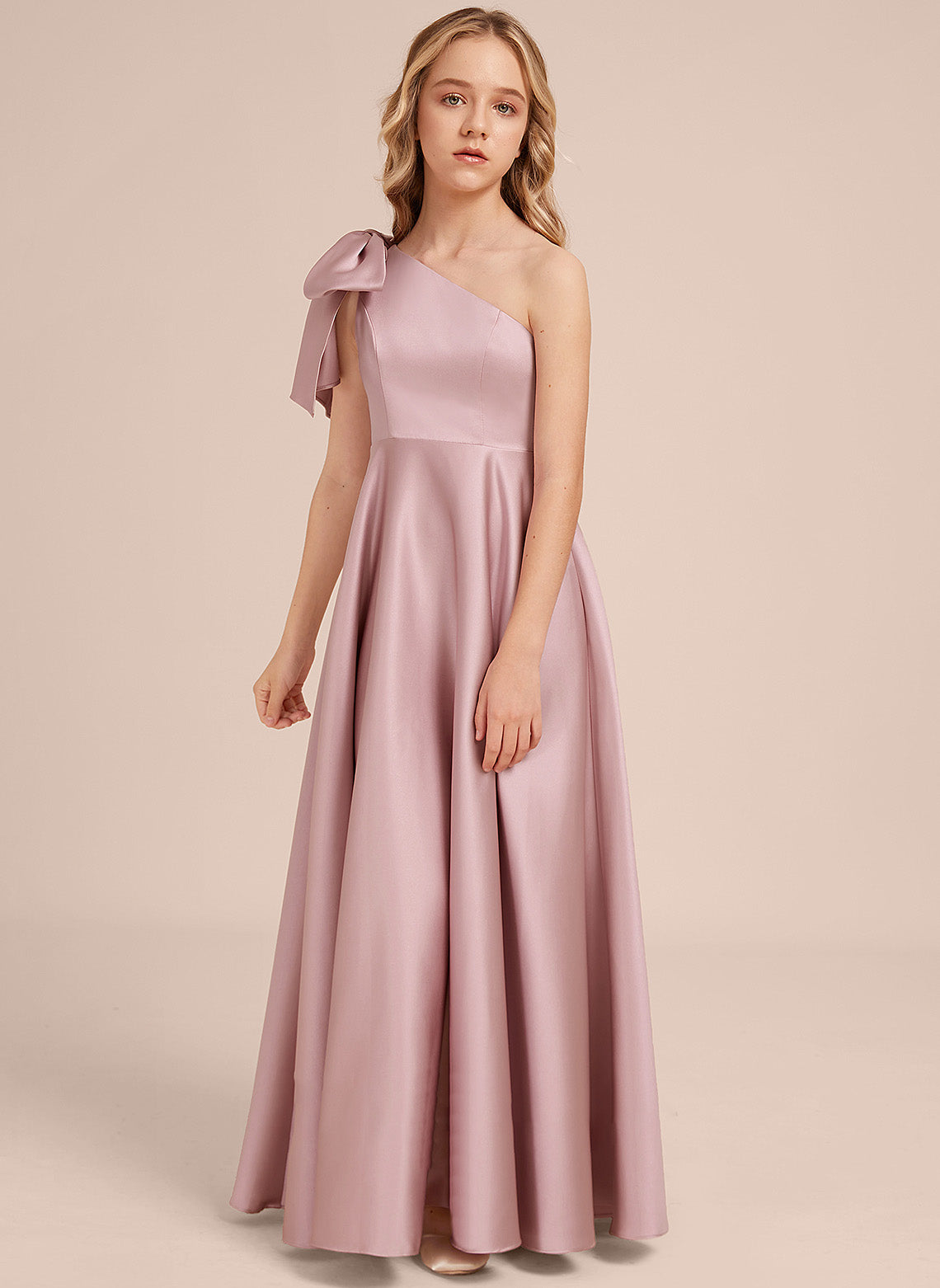 Girls' Formal Dress Exquisite A Line One-shoulder Bow Long Dress Wedding Guest Dress Hot Sale Junior Bridesmaid Dress