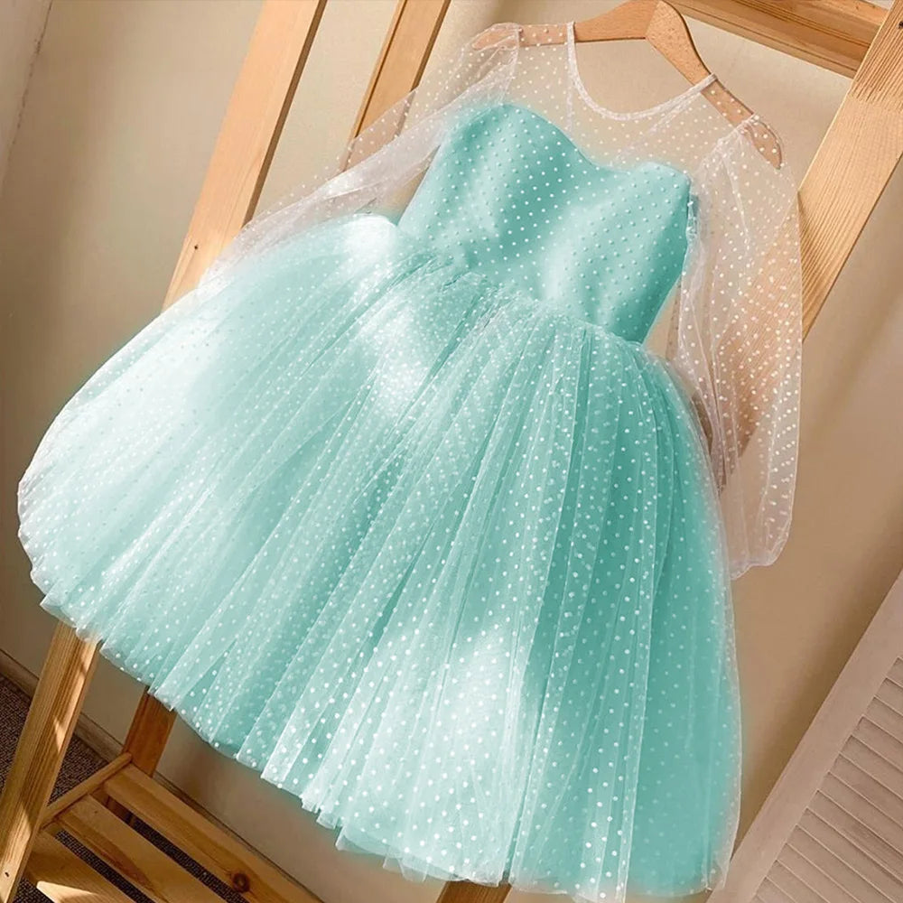 AERBA DRESS Wedding Flower Girl Dress Children's Polka Dot Lace Long Sleeved Performance Birthday Fluffy Short Skirt Princess Dress