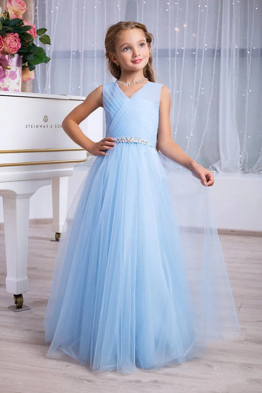 AERBA DRESS Wedding Flower Girl Dress Little Girls Formal Event Wear Dresses Pleated V Neck Long Junior Bridesmaid Gowns Cute Princess Dress