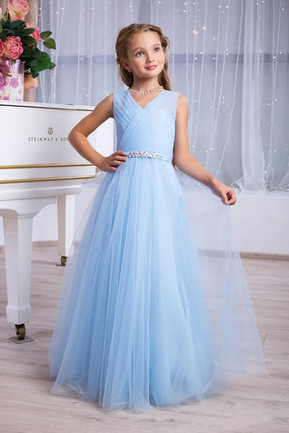 Girls' Formal Dress Fantastic A Line V Neck Sleeveless Pleated Beadwork Cute Long Hot Sale Junior Bridesmaid Dress