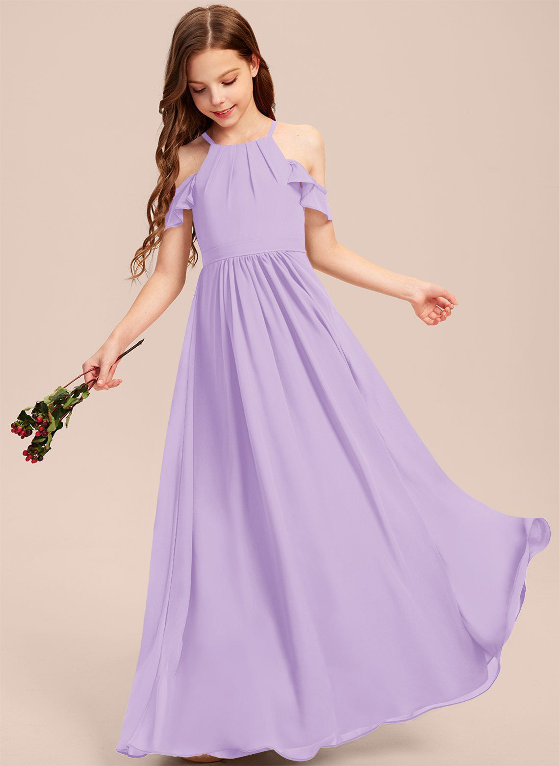 Girls' Formal Dress Elegant A Line Off Shoulder Ruched Chiffon Lace Holy Communion Birthday Ball Evening Dress Hot Sale Junior Bridesmaid Dress