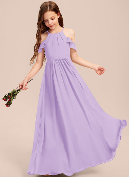 Girls' Formal Dress Elegant A Line Off Shoulder Ruched Chiffon Lace Holy Communion Birthday Ball Evening Dress Hot Sale Junior Bridesmaid Dress