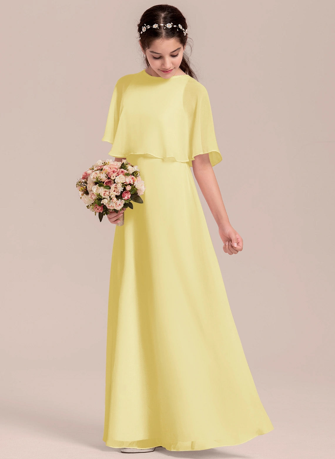 Elegant A-line Scoop Floor-Length Formal Girl's Dress Flowy Simple Junior Bridesmaid Dress