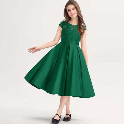 Girls' Formal Dress Dignified A-line Scoop Lace Satin Wedding Girl Guest Dress Hot Sale Junior Bridesmaid Dress
