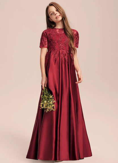 Elegant A-Line Scoop Short sleeve Floor-Length Lace Applique Pleated Fashion Junior Bridesmaid Dress
