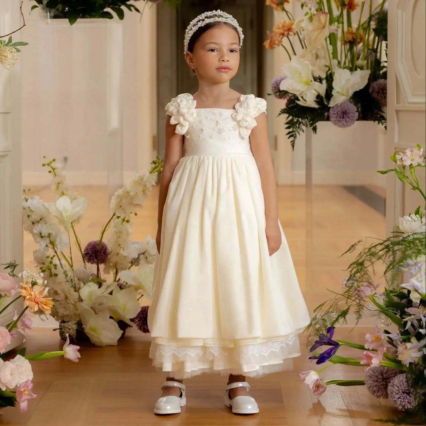 AERBA DRESS Wedding Flower Girl Dress 3D Floral Pearls Lace Little Girl Holy First Communion Party Banquet Gown Princess Dress