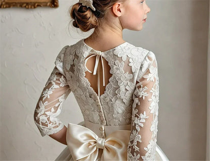 AERBA DRESS Wedding Flower Girl Dress First Communion Gowns Elegant Satin Lace Printing Little Girls Birthday Party Baptism Evening Gowns Princess Dress