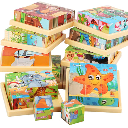 Aerba Children's Toys 3D cube Wooden puzzle children's nine pieces six-sided wooden block tray children's Montessori learning educational puzzle toys
