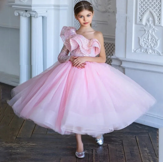 AERBA DRESS Wedding Flower Girl Dress One Shoulder Sequins Puffy Formal Events Princess Evening Party Dress Ball Gown Princess Dress