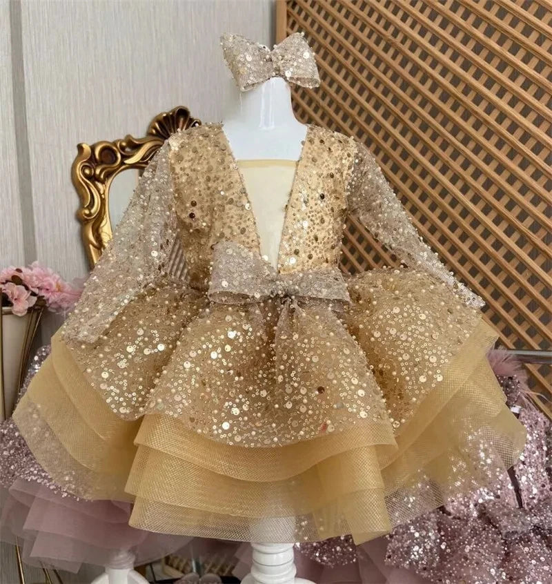 AERBA DRESS Wedding Flower Girl Dress Princess Bow Sequins Full Sleeve Knee Length Baby Kids Birthday Party Communion Dress