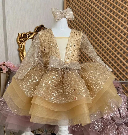 AERBA DRESS Wedding Flower Girl Dress Princess Bow Sequins Full Sleeve Knee Length Baby Kids Birthday Party Communion Dress