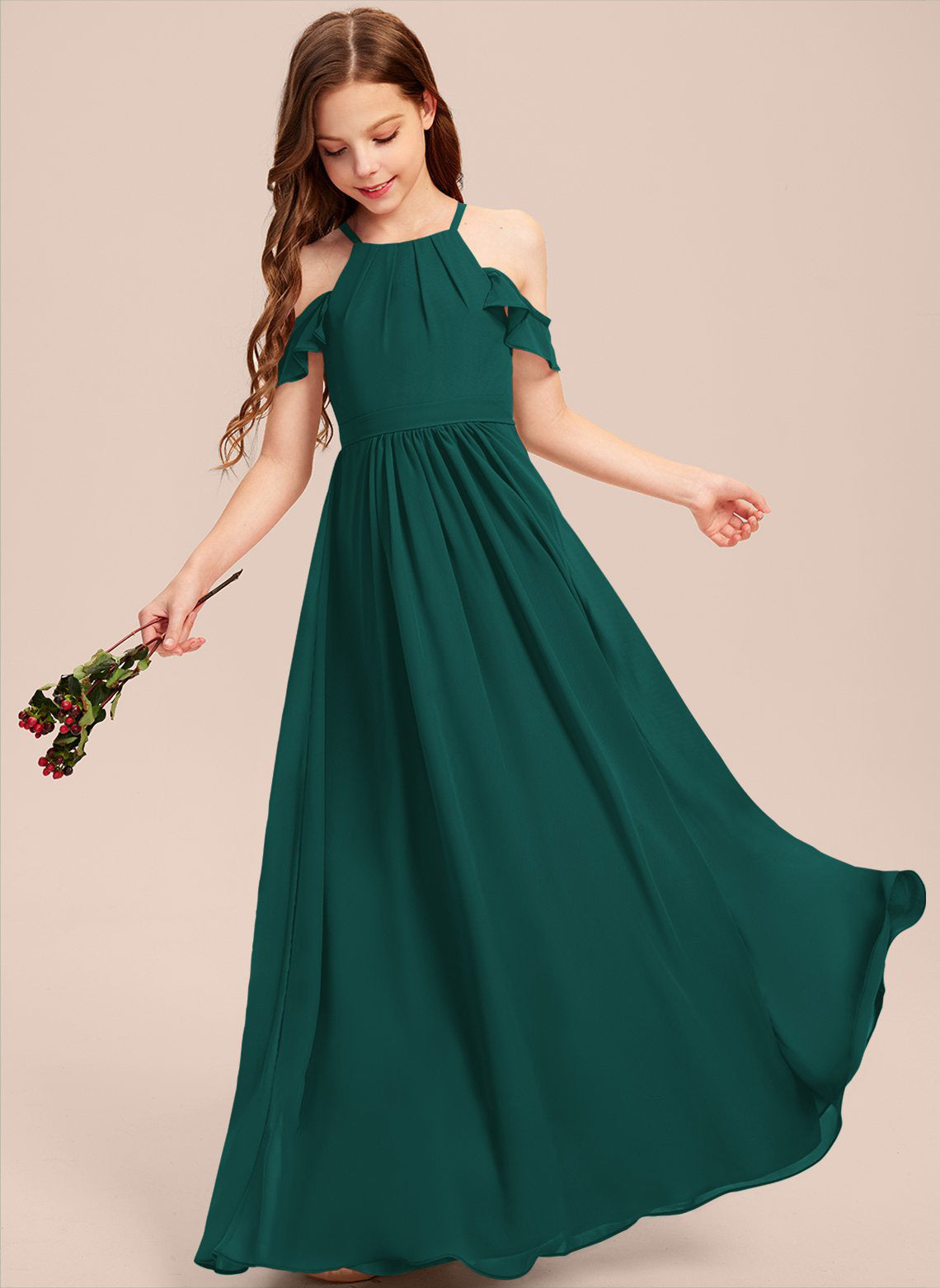 Girls' Formal Dress Elegant A Line Off Shoulder Ruched Chiffon Lace Holy Communion Birthday Ball Evening Dress Hot Sale Junior Bridesmaid Dress