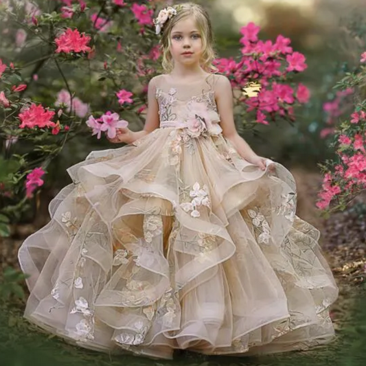 AERBA DRESS Wedding Flower Girl Dress Sleeveless Tiered Tulle Applique Princess Dress Holy Communion Birthday Gowns