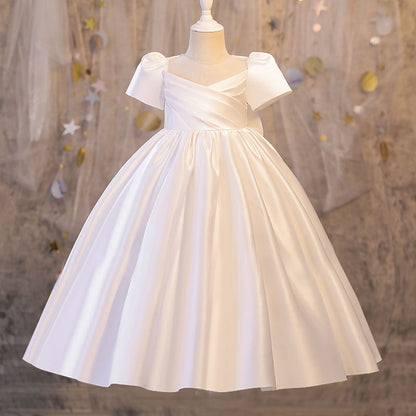Wedding Flower Girl Dress Girl's Birthday Satin Short Sleeve Pleated Catwalk Costume for Piano Performance Puffy Princess Dress