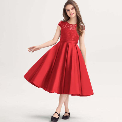Girls' Formal Dress Dignified A-line Scoop Lace Satin Wedding Girl Guest Dress Hot Sale Junior Bridesmaid Dress