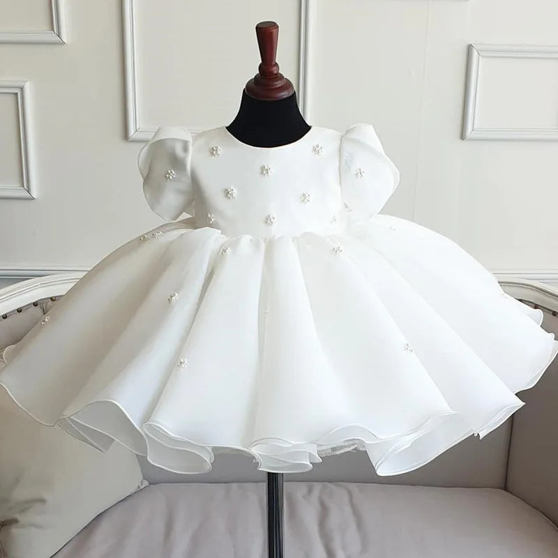 Wedding Flower Girl Dress New Year-Old Baby Round Neck Ruched First christening Dress Sweet Princess Dress