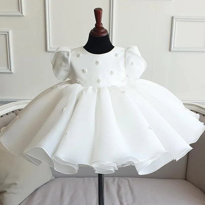 Wedding Flower Girl Dress New Year-Old Baby Round Neck Ruched First christening Dress Sweet Princess Dress