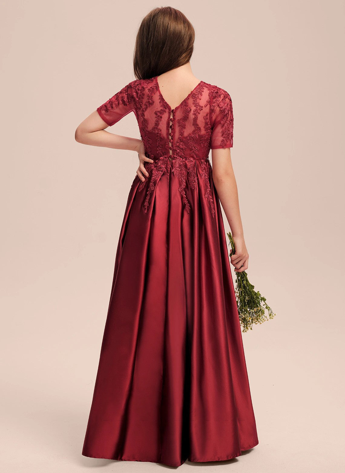 Elegant A-Line Scoop Short sleeve Floor-Length Lace Applique Pleated Fashion Junior Bridesmaid Dress