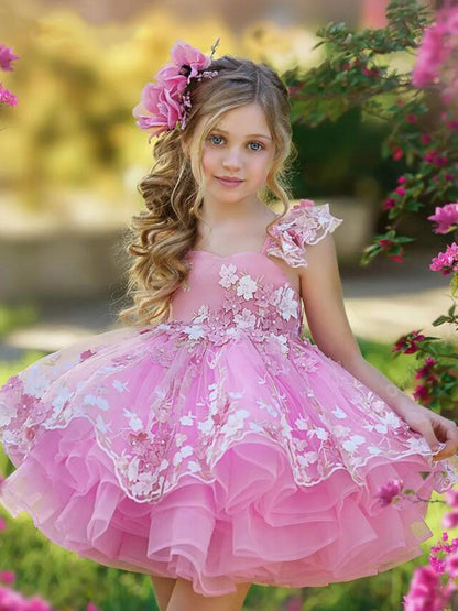 AERBA DRESS Wedding Flower Girl Dress 3d Applique Puffy Knee Length Mini Kids Birthday Party First Communion Gown