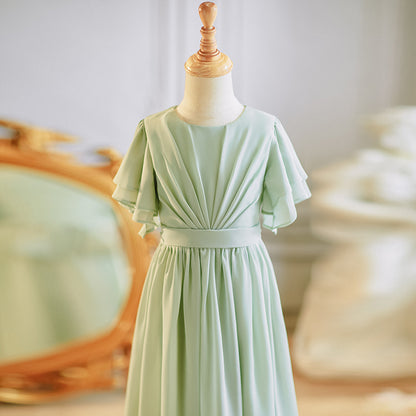 Girls' Formal Dress Elegant A Line Round Neck Flowy Sleeves Girls Chiffon Pleated Prom Birthday Dress Hot Sale Junior Bridesmaid Dress