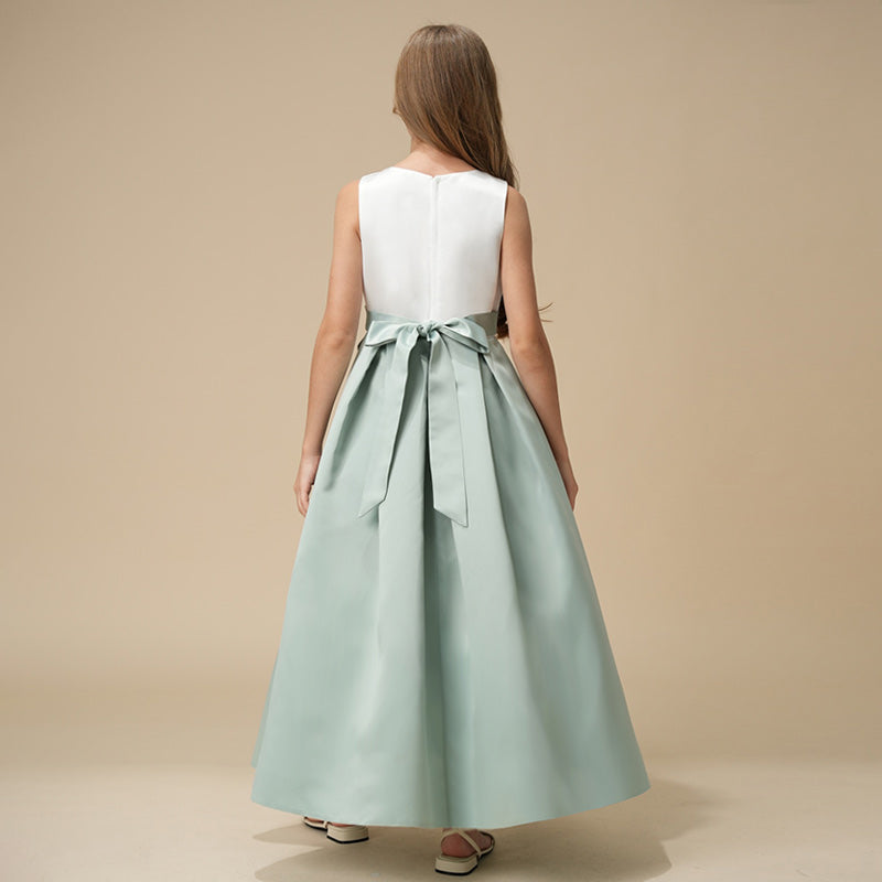 Girls' Formal Dress Elegant A Line Round Neck Sleeveless Bow Pleated Charming Hot Sale Junior Bridesmaid Dress