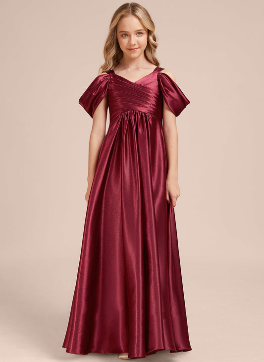 Dignified A-line V Neck Cold Shoulder Pleated Floor-Length Exquisite Junior Bridesmaid Dress