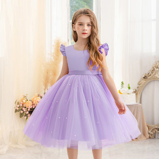 AERBA DRESS Wedding Flower Girl Dress Elegant Short Toddler Birthday Tulle Sleeveless Bow Pearls Princess Wedding Party Gown for Kids Baby