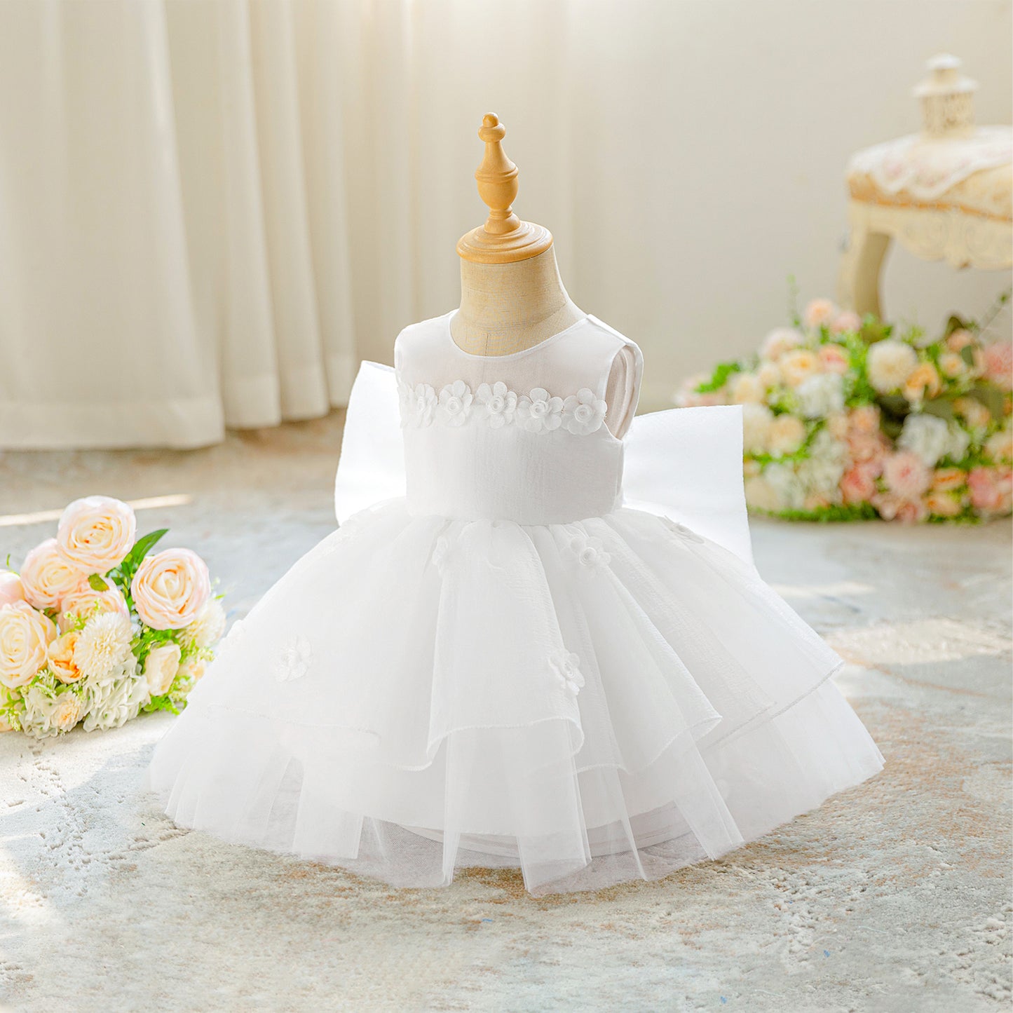 Wedding Flower Girl Dress Elegant Baptism Party Baby Girl Dress Toddler Big Bow 1st Birthday Bridesmaids Prom Dresses Girls Lace Wedding Princess Dress